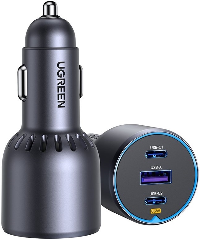 Adaptér do auta UGREEN 2×USB-C, USB, 75 W - sivý