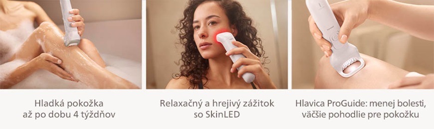 Epilátor Philips BRE750/00 biely Koláž funkcií epilátora Philips BRE750/00 v bielej farbe zobrazujúca epiláciu nôh, použitie SkinLED na tvári a hlavicu ProGuide pre šetrnejšie a pohodlnejšie odstránenie chĺpkov.