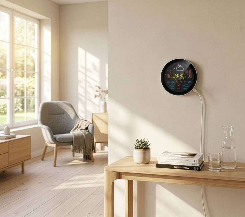 Meteorologická stanica Tesla Device MS360se biela Meteostanica TESLA Device MS360sa na stene v presvetlenej obývacej izbe, lifestyle foto.