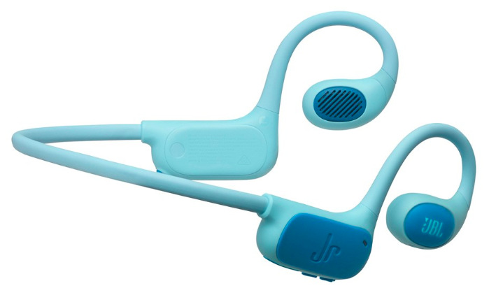 Slúchadlá JBL Junior FREE modrá/zelená Detail uchytenia za ucho a zvukového výdychu detských slúchadiel JBL Junior FREE