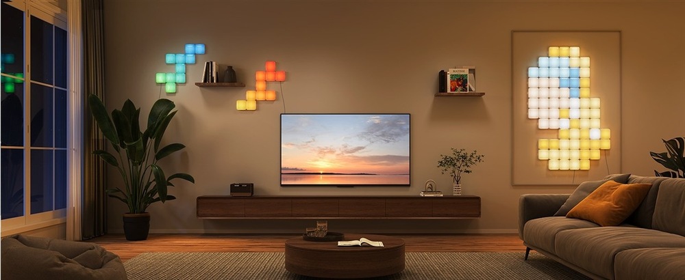 LED panely umiestnené na stene v obývacej izbe.