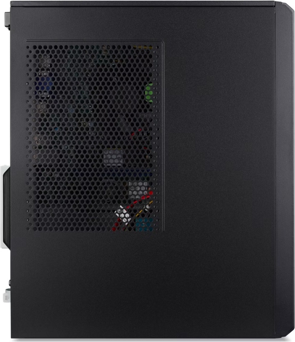 Stolný počítač Acer Veriton S2735G W FR300W 92+ čierny Na obrázku je stolný počítač Acer Veriton S2735G z bočného pohľadu. Skriňa má čierne matné prevedenie a veľkú perforovanú vetraciu mriežku na ľavom bočnom paneli, cez ktorú sú čiastočne vidieť vnútorné komponenty. Predná časť skrine je ľahko vystúpená a tvarovaná do hranatého kancelárskeho designu. Snímka zdôrazňuje hlavne bočné odvetrávanie a kompaktnú konštrukciu počítača.