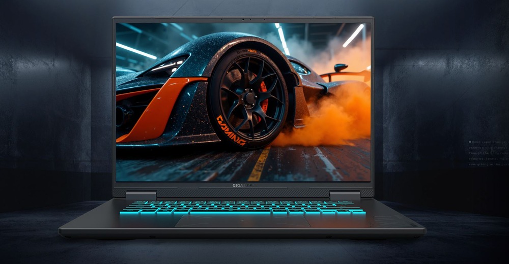 Notebook GIGABYTE GAMING A16 PRO DYHG5CZCC4SH čierny Elegantný notebook zobrazuje akčnú scénu driftujúceho závodného auta, z ktorého kolies vychádza oranžový dym. Klávesnica notebooku svieti na modro, čo umocňuje dynamickú, hi-tech atmosféru.