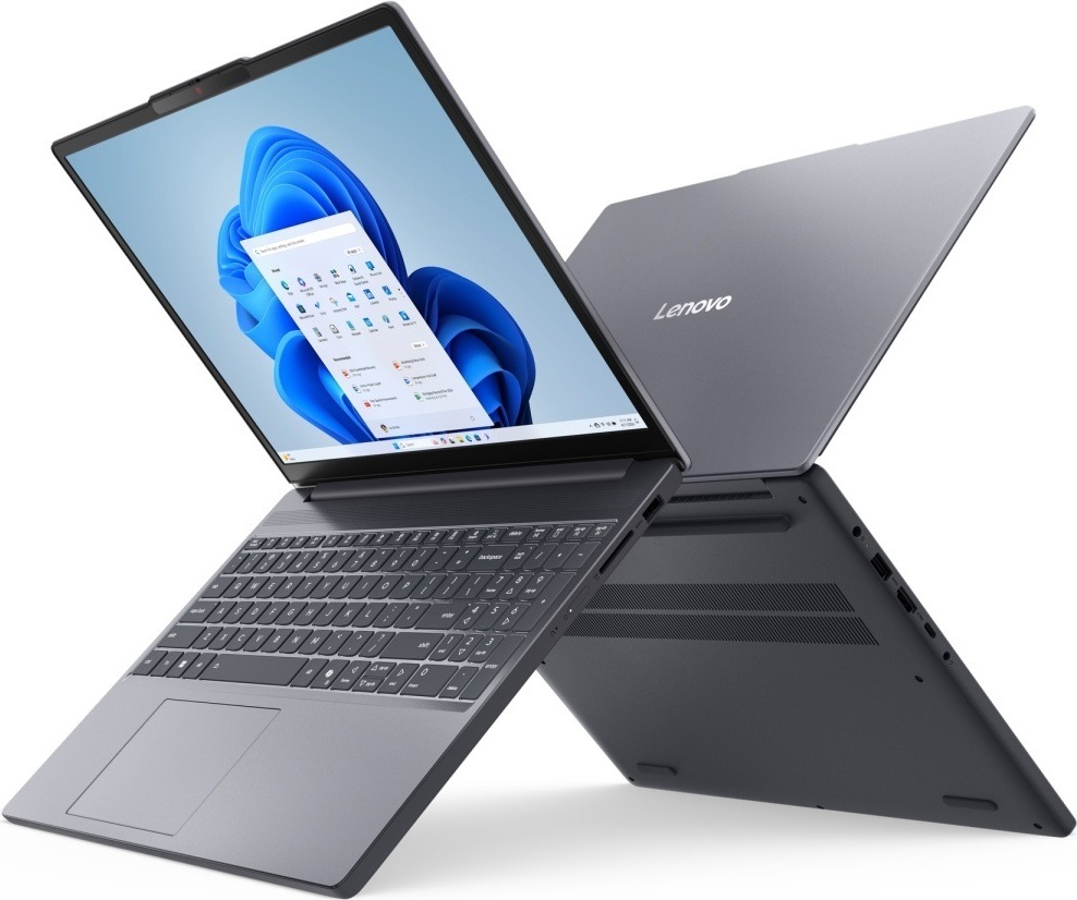 Notebook Lenovo IdeaPad Slim 3 15ARP10 sivý Notebook Lenovo IdeaPad Slim 3 spredu a zozadu s viditeľnými portami na oboch stranách