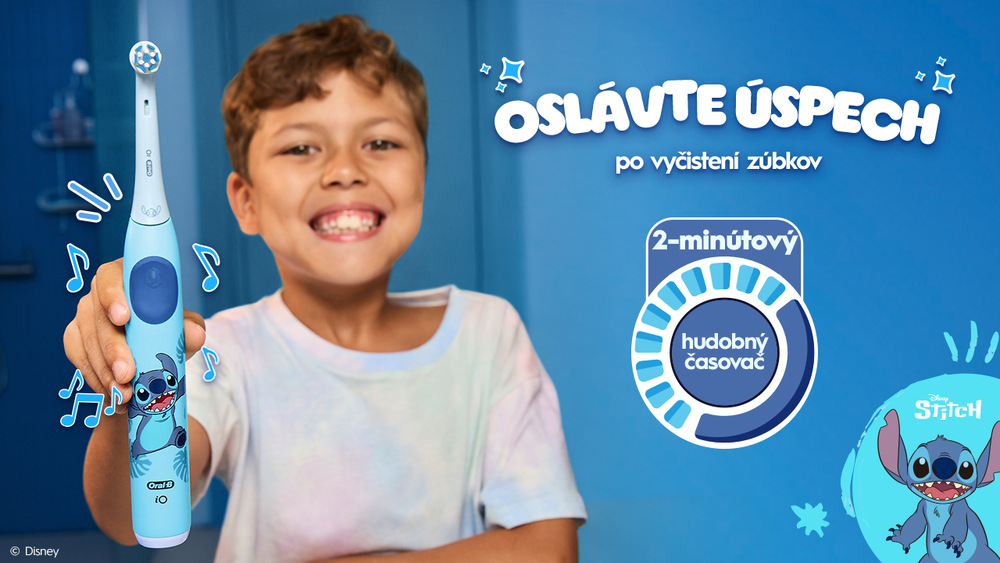 Zubná kefka Oral-B iO Kids 6+ Stitch + cestovné puzdro modrá BRAIOKIDSSTITCHPB, Dieťa oslavuje po čistení zubov vďaka zábavnému 2-minútovému hudobnému časovaču kefky.