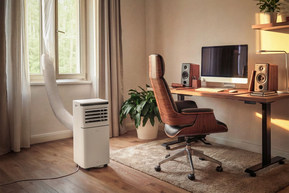 Mobilná klimatizácia Sencor SAC MT7042C Wi-Fi, 7 000 BTU/h biela Mobilní klimatizace Sencor SAC MT7042C s odvodní hadicí vyvedenou do okna v moderní pracovně s počítačem a kancelářským křeslem.
