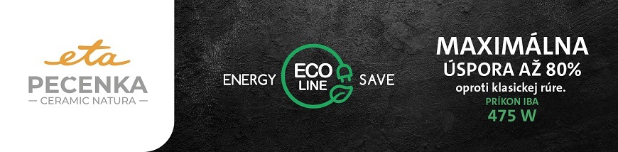 Banner ETA Pečenka týkajúca sa úspory energie s textom: Maximálna úspora až 80 % oproti klasickej rúre, príkon iba 475 W