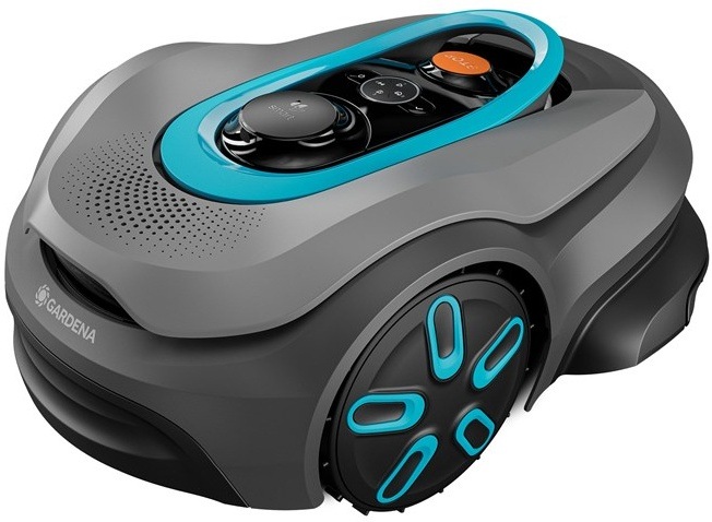 Robotická kosačka s modrými detailmi na svetlom pozadí.