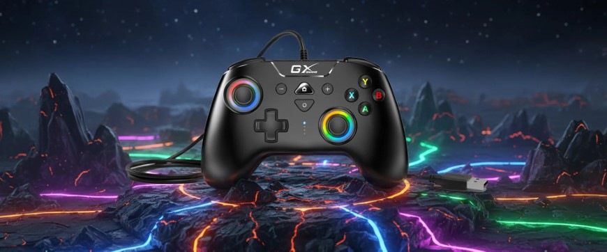 Gamepad Genius GX Gaming GX-23UV čierny Gamepad Genius GX Gaming GX-23UV s RGB podsvietením má na pozadí lávovú krajinu s RGB farebnými pruhmi