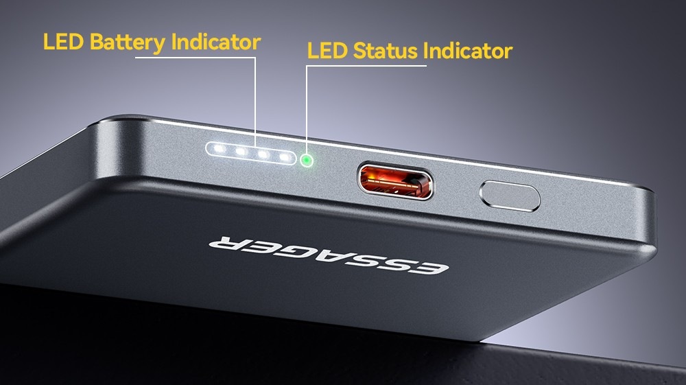 Powerbank Essager 5000 mAh magnetická bezdrôtová (kompatibilná s MagSafe) sivá Detail portov a LED indikátora powerbanky Essager 5000 mAh