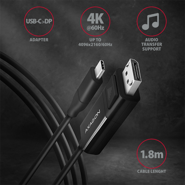 Kábel Axagon USB-C / DisplayPort, 1,8m, 4K/60Hz čierny Kábel Axagon USB-C / DisplayPort, 1,8m, 4K/60Hz čierny