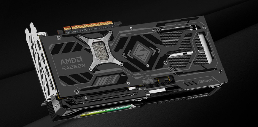 Zadný kovový backplate ASRock Radeon RX 9070 XT Steel Legend Dark v čiernej farbe s výrazným designom