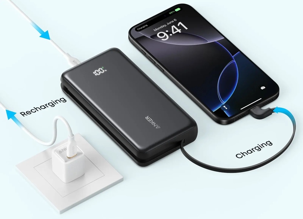 Powerbank Anker Anker Zolo 20000mAh, 22,5W s káblom USB-C biely Telefón sa nabíja s powerbankami Anker Zolo, zatiaľ čo tá je pripojená v zásuvke