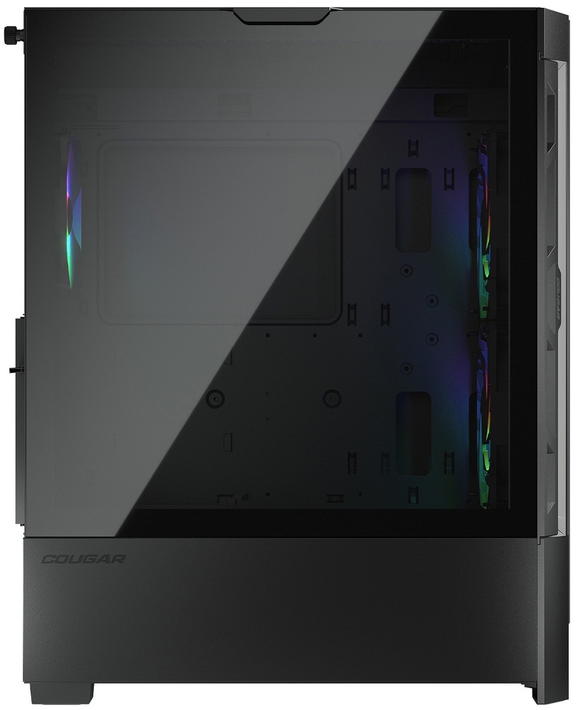 Pohľad z boku do prázdnej PC skrine pred sklenenú bočnicu. Ilustruje veľký vnútorný priestor.