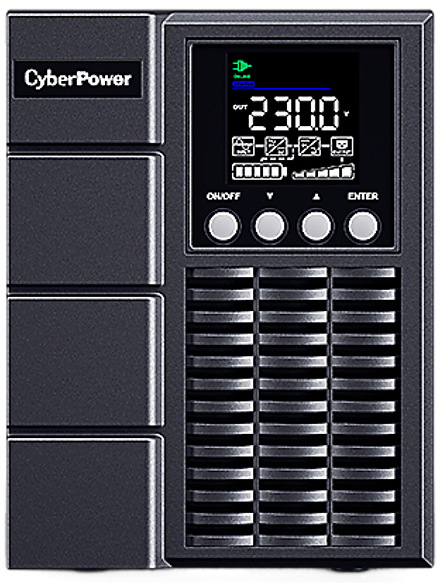 Záložný zdroj CyberPower OnLine S UPS 1000VA/900W, Tower čierny Na obrázku je záložný zdroj (UPS) Cyber Power Systems OnLine S 1000VA/900W, Tower z čelného pohľadu. Má podobu čiernej stojatej veže s rovnými hranami. V hornej časti čela je veľký farebný displej s číslami a ikonami (na ukážke „230 V“) a pod ním rad okrúhlych tlačidiel pre ovládanie. Spodnú časť čelnej strany tvorí veľká vetracia mriežka na chladenie. Na ľavej strane čela je logo CyberPower a niekoľko horizontálne členených panelov.