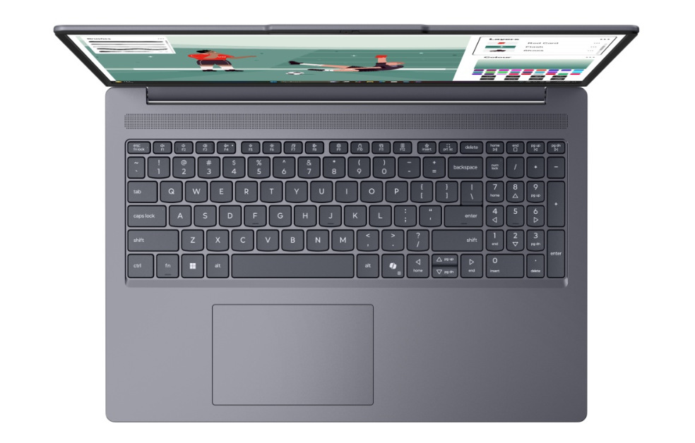 Notebook Lenovo IdeaPad Slim 3 16IPH11 sivý Pohľad zhora na klávesnici notebooku Otvorený a zapnutý notebook Lenovo IdeaPad Slim 3 16IPH11