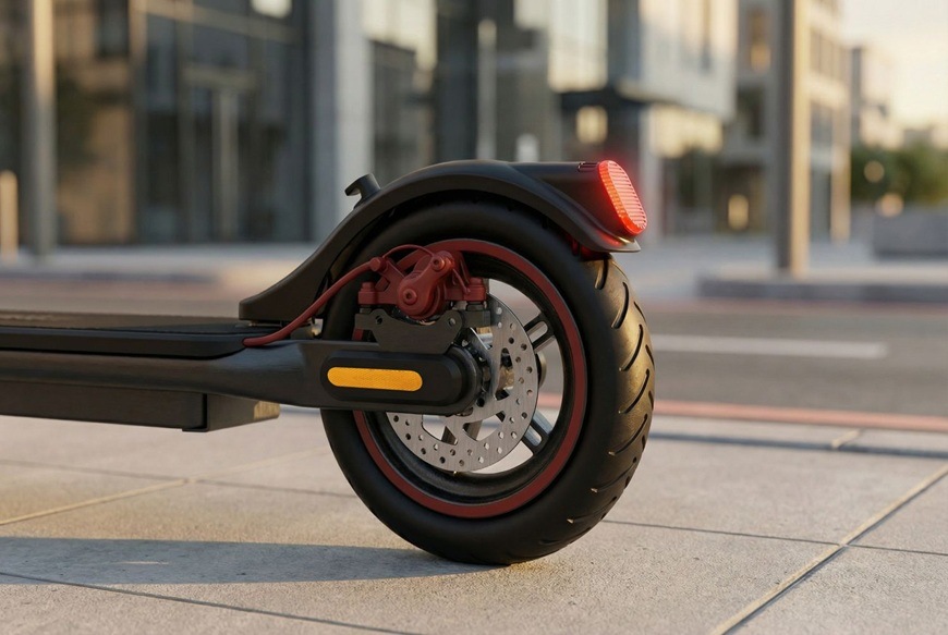 Elektrická kolobežka Sencor SCOOTER S21 čierna Detail zadného kolesa elektrickej kolobežky Sencor SCOOTER S31 s kotúčovou brzdou, červeným brzdovým strmeňom a výrazným zadným svetlom. Robustná pneumatika a pevná konštrukcia podčiarkujú stabilitu a bezpečnosť pri jazde.