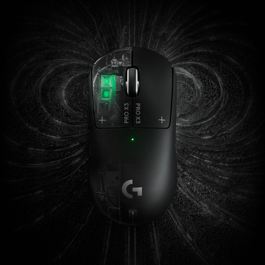 Myš Logitech G PRO X3 SUPERSTRIKE čierna Myš Logitech G PRO X3 Superstrike z horného pohľadu s grafickým zvýraznením vnútorných komponentov
