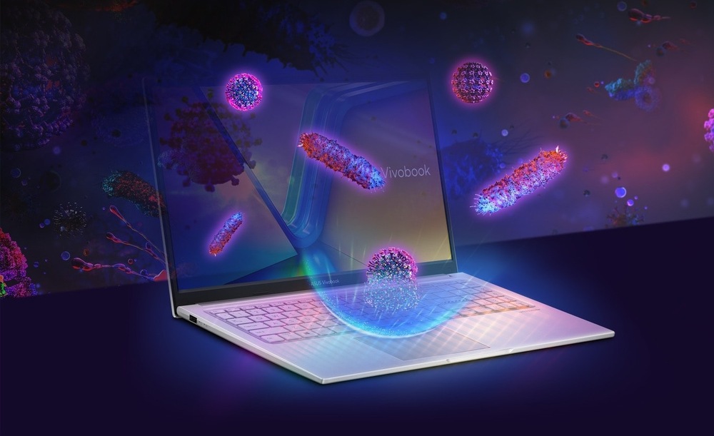 Ilustrácia antibakteriálnej ochrany ASUS Antimicrobial Guard, ktorá pomáha obmedzovať množenie baktérií na často dotýkaných častiach notebooku