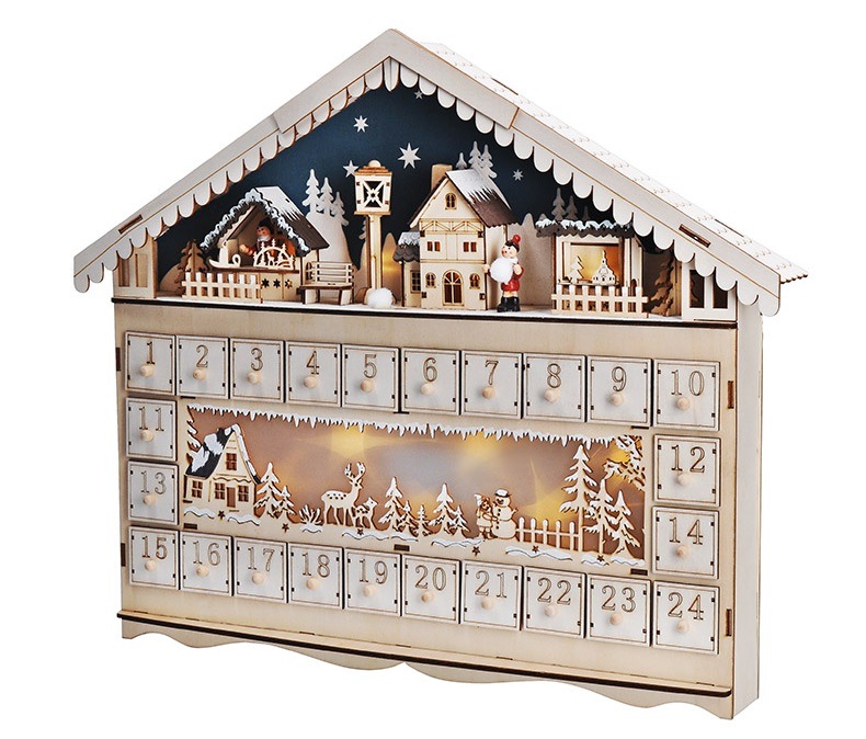 LED dekorácia Solight adventný kalnedár - horská chata, 10x LED, 50x40cm, 2x AA