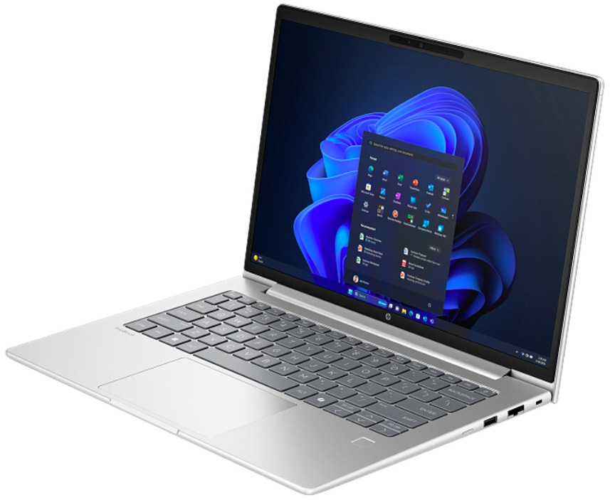 Notebook HP ProBook 4 G2a 14" strieborný Otvorený HP ProBook 4 G2a 14″ R5-23 sprava s klávesnicou a displejom Windows 11 Pro
