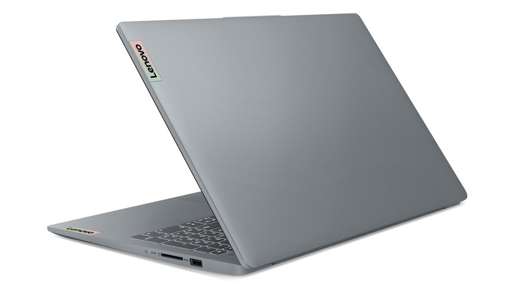 Notebook Lenovo IdeaPad Slim 3 15ABR8 sivý Pootvorený notebook Lenovo IdeaPad Slim 3 15ABR8 zozadu