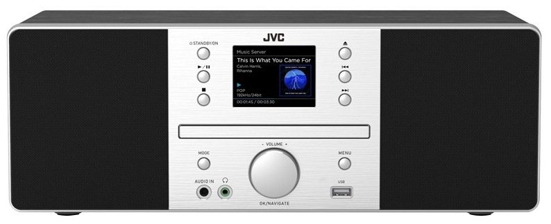 Čelný pohľad na All-in-One audio systém JVC RD-E874B v čiernom prevedení s textúrou dreva, strieborným predným panelom, farebným displejom, CD mechanikou a USB portom