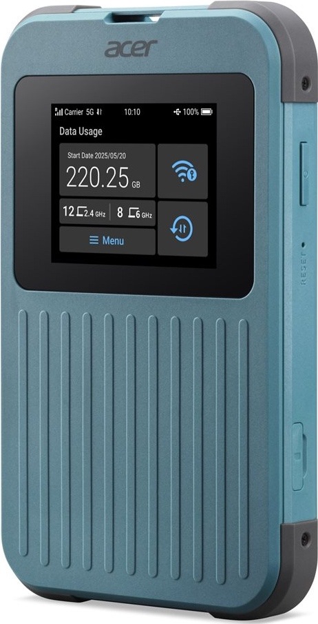 Router Acer Connect M4 5G wifi hotspot router Modrozelený mobilný hotspot Acer Connect M4 z predného bočného pohľadu. Na displeji je stav 5G pripojenia, využité dáta, batérie a Wi-Fi ikony. Na pravom boku sú vidieť bočné krytky, otvor Reset a šedé ochranné hrany.
