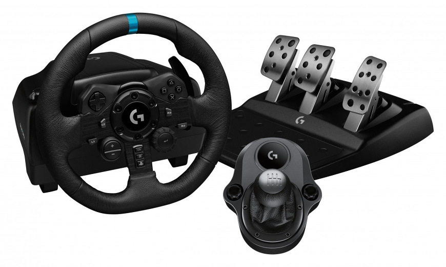 Volant Logitech G923 SE Racing Bundle wheel + pedals + shifter (PS/PC) čierny Logitech G923 SE – kompletný závodný set s volantom, kovovými pedálmi a samostatnou radiacou pákou, zobrazený ako celok na bielom pozadí.