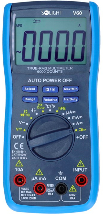 Multimeter Solight V60 s podsvieteným LCD displejom a otočným voličom meracích funkcií z čelného pohľadu