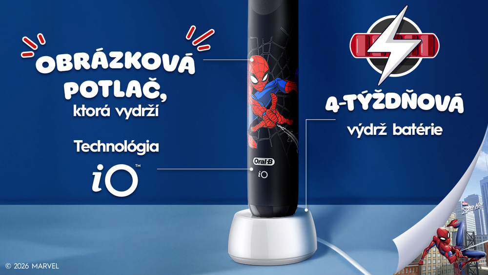 Zubná kefka Oral-B iO Kids 6+ Spiderman + cestovné puzdro čierna Detská kefka so Spiderman motívom má odolnú obrázkovú potlač a až 4-týždňovú výdrž batérie.