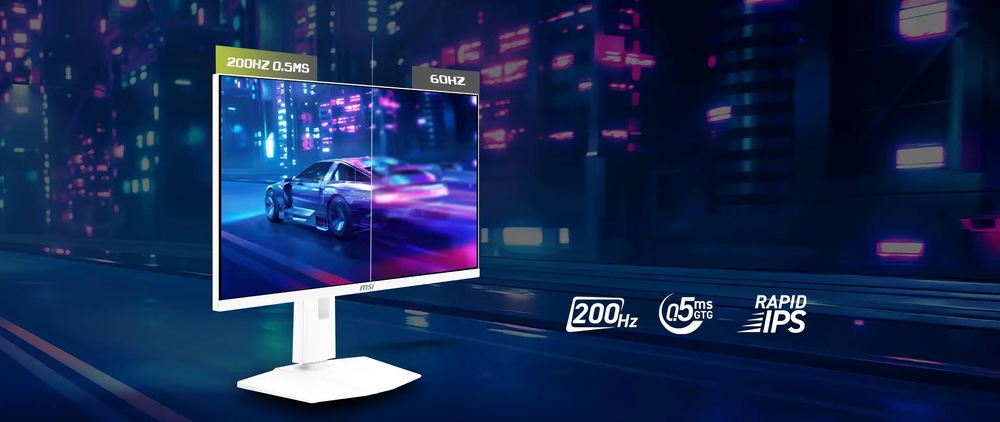 Herný monitor MSI MAG 274QRFW E20 biely Obrázok počítačového monitora zobrazujúceho závodné vozidlo na rozdelenej obrazovke s porovnaním 200 Hz a 60 Hz. Pozadie má žiarivé neónové svetlá mesta a text zvýrazňuje „200 Hz“, „0,5 ms“ a „Rapid IPS“, čo naznačuje vysoký výkon a rýchlosť.