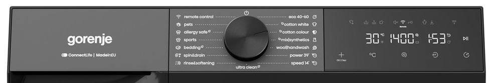Práčka Gorenje G400 WG484A31B UltraClean čierna čierny ovládací panel práčky Gorenje WG484A31B UltraClean