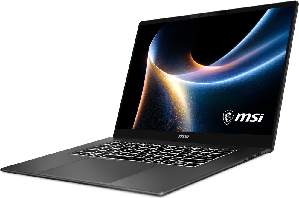 Šikmý pohľad na notebook MSI Prestige 16 AI+ s rýchlym procesorom a AI akceleráciou