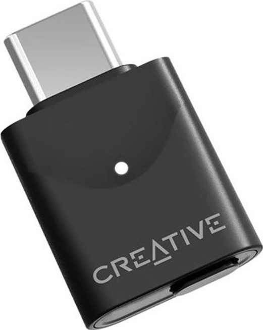 Čierny Bluetooth transmitter Creative BT-W6 s konektorom USB-C a prednou LED kontrolkou.