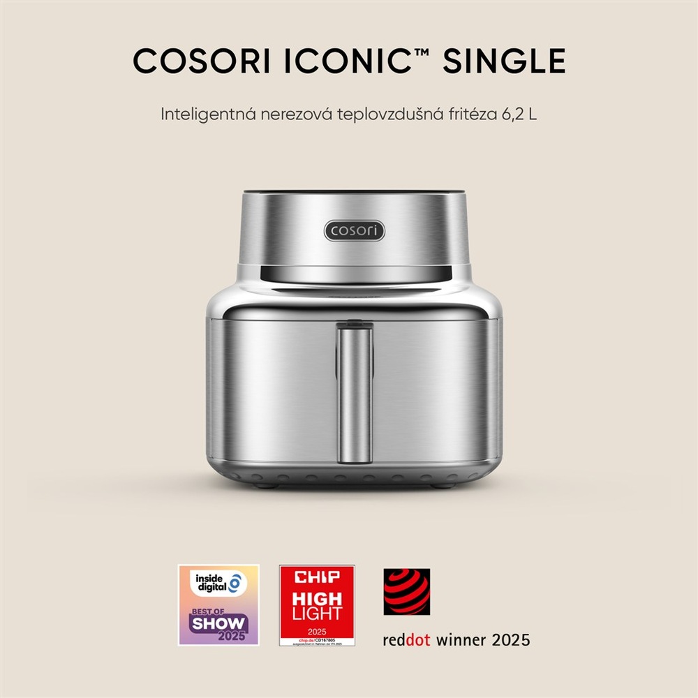 Fritéza teplovzdušná COSORI Iconic Single, 6,2 l nerez Fritéza s veľkým objemom 6,2 l.