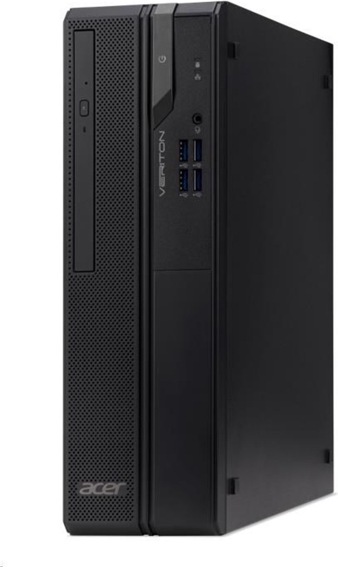 Stolný počítač Acer Veriton X2722GT čierny Na obrázku je stolný počítač Acer Veriton X2722GT v čiernom prevedení z predného šikmého pohľadu. Skriňa má kompaktný kancelársky tvar, perforovaný čelný panel na prúdenie vzduchu a zvislú optickú mechaniku. V spodnej časti prednej mriežky je logo Acer. Na pravom ovládacom paneli sa nachádza tlačidlo napájania, 3,5 mm audio konektor a štyri porty USB-A, ktoré sú modro označené. Zvislý nápis Veriton dopĺňa striedmy pracovný design. Pravý bočný panel je hladký a bez výrazných dekoratívnych prvkov.