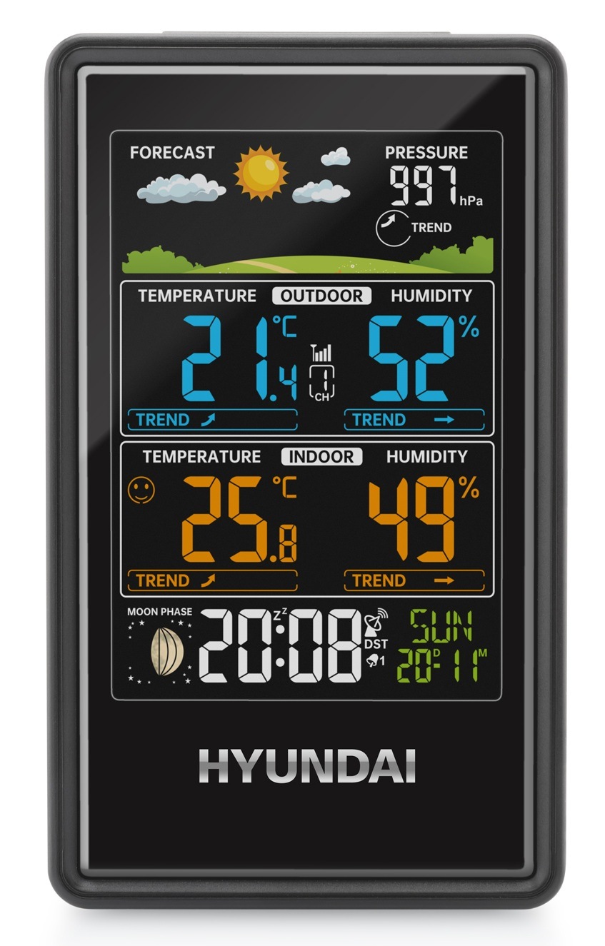 Čelný pohľad na meteostanicu Hyundai WS 2350 zobrazujúcu namerané informácie o počasí