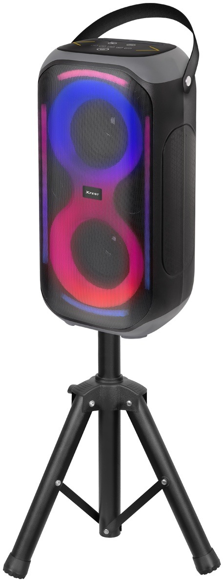 Párty reproduktor Trevi XFM 225 W čierny Reproduktor Trevi XFest XF 225 W na statíve s RGB podsvietením, pohľad z boku.