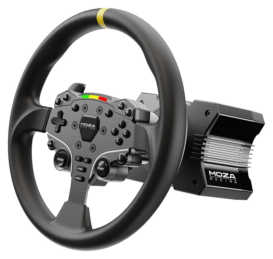 Veniec volantu Moza Racing 12" Round Wheel Mod for ESX hliník Elegantný volant pre závodné simulátory s čiernym a metalickým povrchom, radom tlačidiel a centrálnym logom.