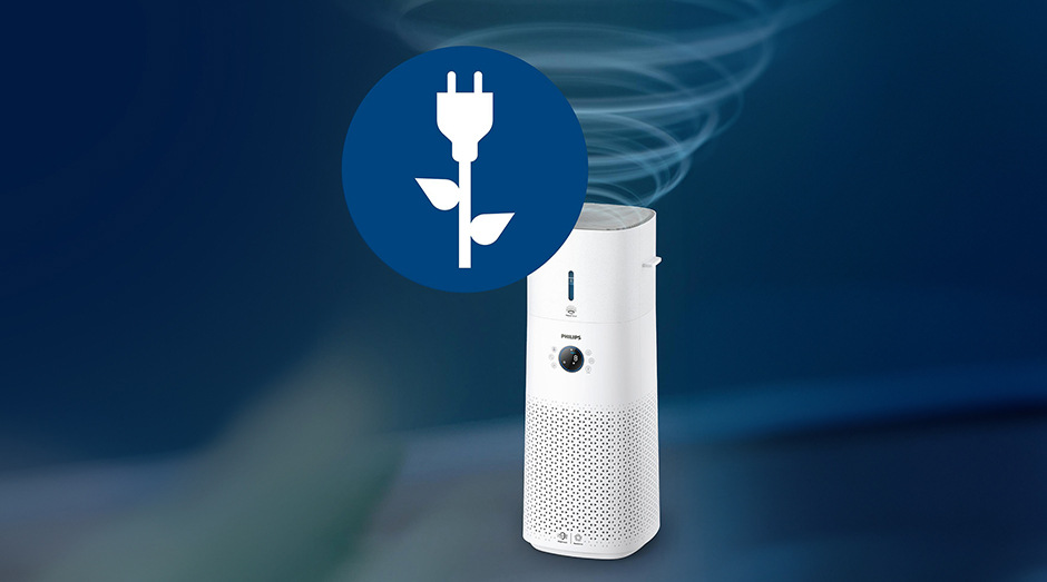 Čistička vzduchu Philips Series 3000 AC3737/10 Čistička vzduchu Philips AC3737/10 Series 3000 vypúšťajúca vír vzduchu a znázorňujúca úsporu energie