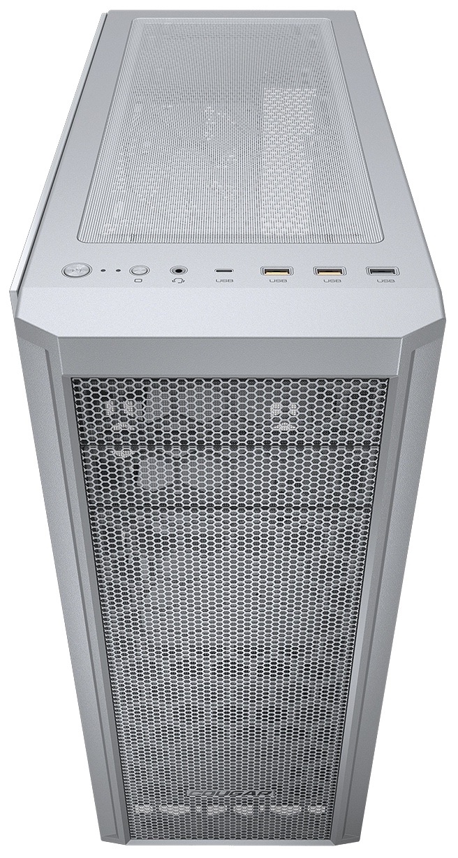 Z horného pohľadu spredu je vidieť hornú „strieška“ skrine s ovládacím panelom s portami pri prednej hrane (tlačidlo napájania, USB porty, USB-C a audio). Zvyšok hornej plochy tvorí perforované/mesh vetranie na odvod teplého vzduchu a prípadnú montáž ventilátorov či radiátora.