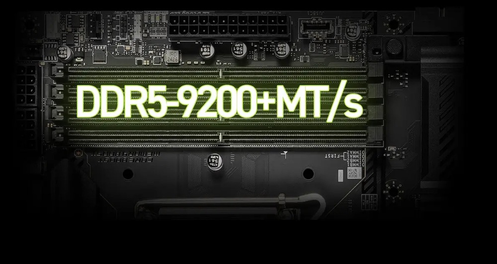 Základná doska MSI MAG B860 TOMAHAWK WIFI Detailný záber základnej dosky počítača so zeleným nápisom „DDR5-9200+ MT/s“ nad pamäťovými slotmi, ktorý zdôrazňuje vysokorýchlostnú pamäťovú technológiu.