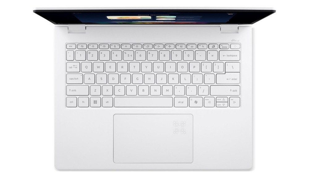 Notebook Acer Swift Edge 14 AI (SFE14-I51-75MG) biely Pohľad zhora na klávesnici notebooku Acer Swift Edge 14 AI (SFE14-I51-75MG)