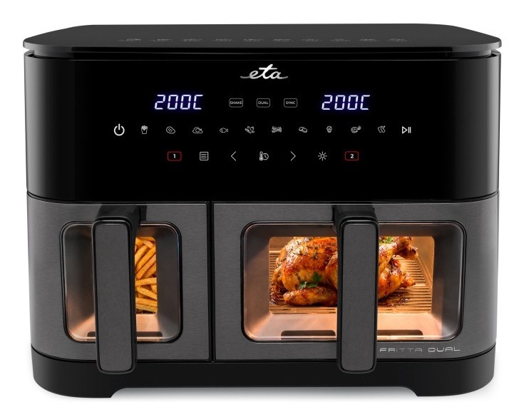 Fritéza teplovzdušná ETA Fritta Dual 3167 90000 čierna Přední pohled na černou duální horkovzdušnou fritézu ETA Fritta Dual s digitálním dotykovým panelem a zapnutým vnitřním osvětlením, ukazující přípravu hranolek a celého kuřete přes průhledová okénka.