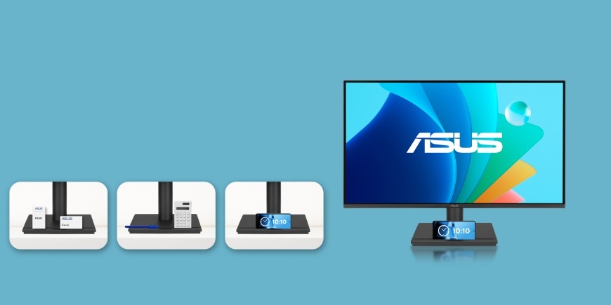 Herný monitor Asus VA249HG čierny Detail stojana Asus VA249HG s držiakom na telefón a ďalšie drobnosti
