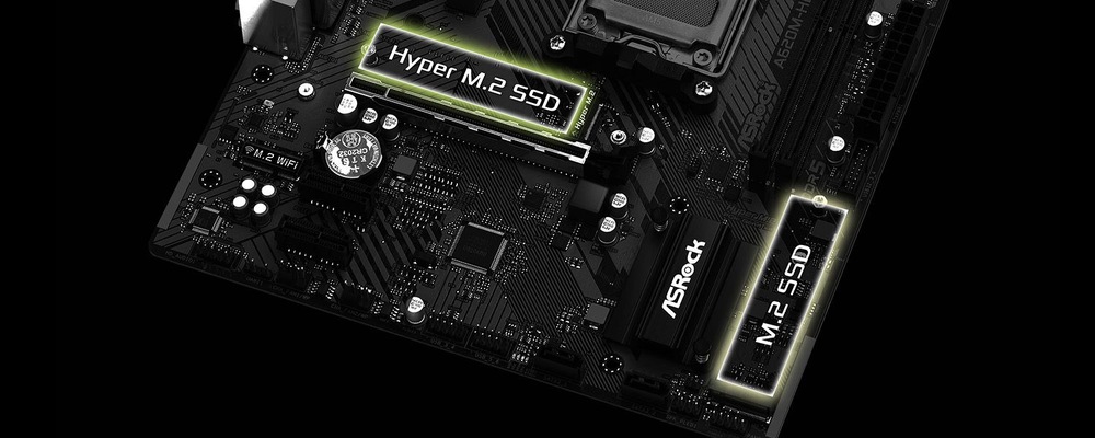 Základná doska ASRock A620M-HDV/M.2+ Základná doska ASRock A620M-HDV/M.2 s vyznačenými oblasťami označujúcimi slotmi pre SSD disky Hyper M.2. Vidíme logo ASRock a textové popisky SSD slotov.