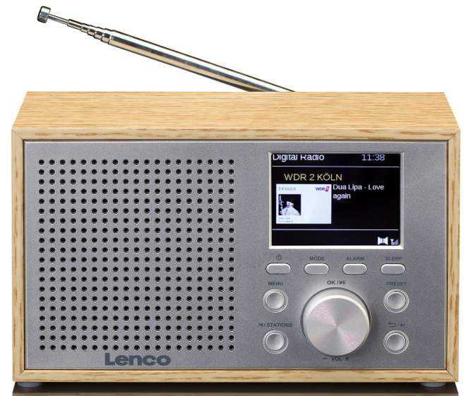 Predný pohľad na rádioprijímač Lenco DAR-017WH s LCD displejom, reproduktorom a otočným ovládačom