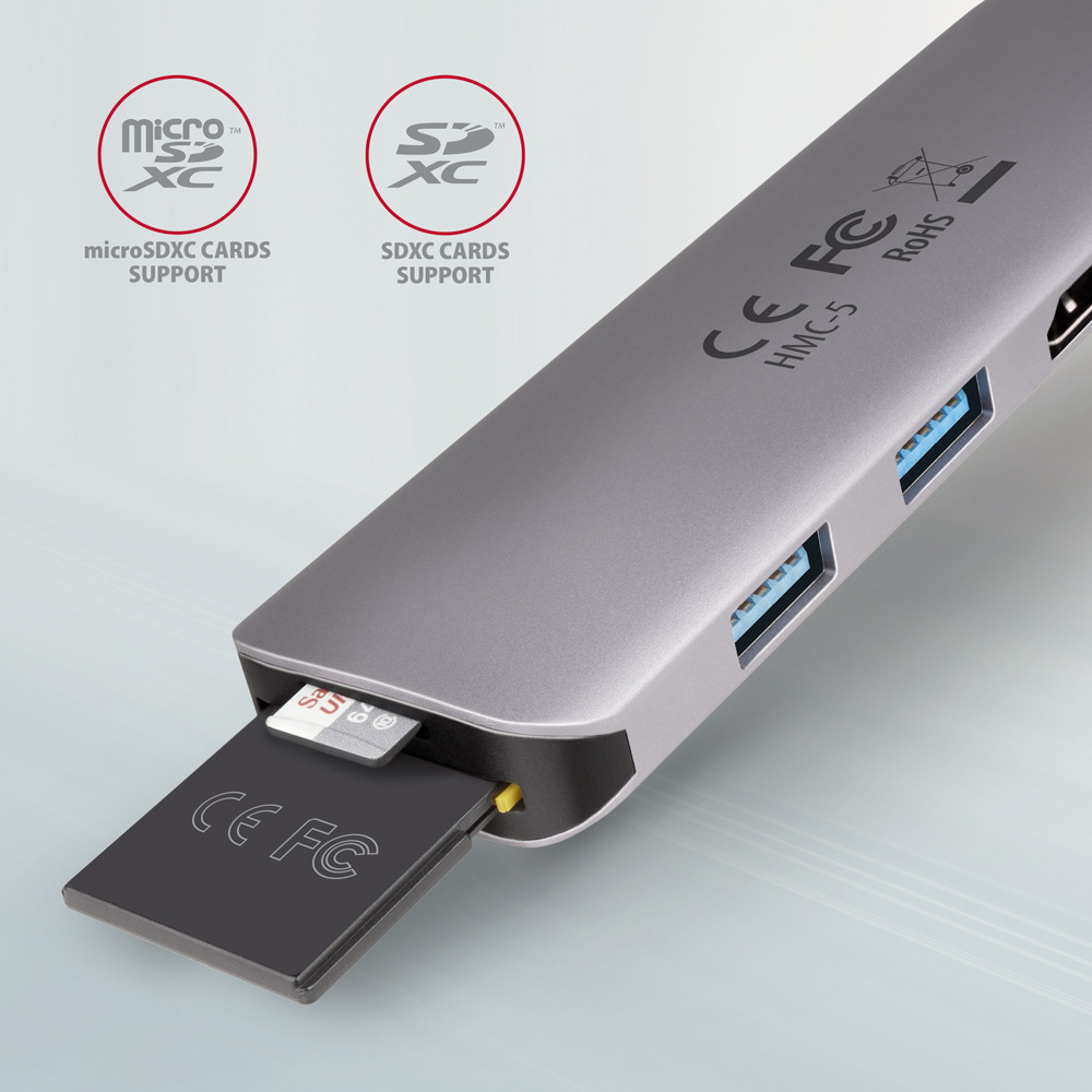 USB Hub Axagon USB 3.2 Gen 1 húb, 2x USB-A, HDMI, SD/microSD slot, PD 100W, kábel USB-C 20cm sivý USB Hub Axagon USB 3.2 Gen 1 húb, 2x USB-A, HDMI, SD/microSD slot, PD 100W, kábel USB-C 20cm sivý