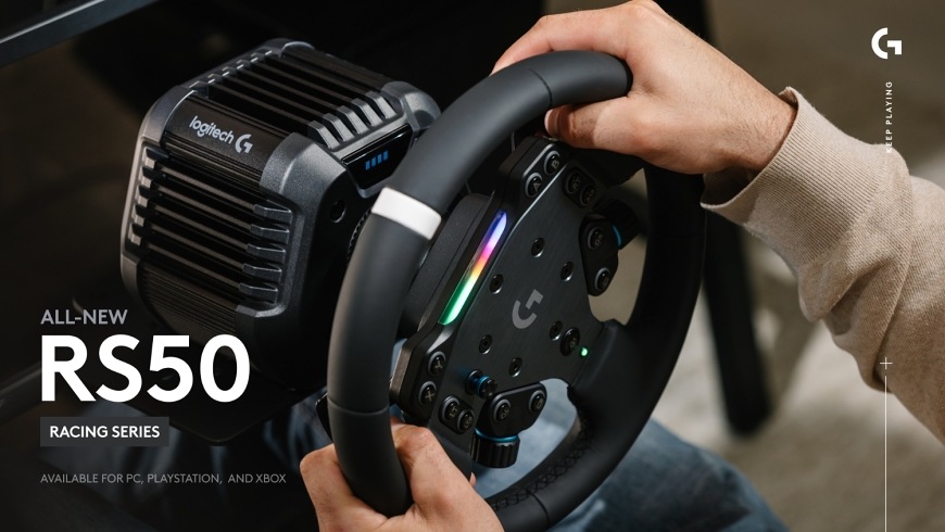 Volant Logitech RS50 System - PC čierny Logitech RS50 System v závodnej zostave s pohľadom na volant a základňu